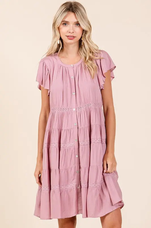 Very Besty dusty pink lace tiered dress styled for a summer date night, sized S to 3X