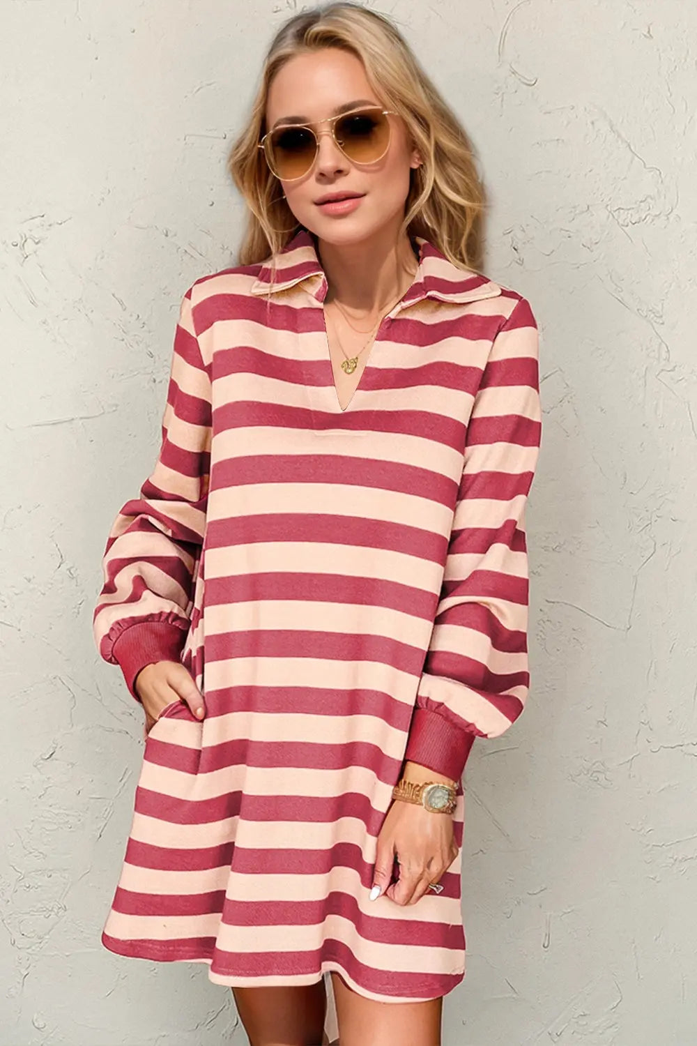 Double Take Full Size Striped Contrast Collared Neck Long Sleeve Dress-Very Besty