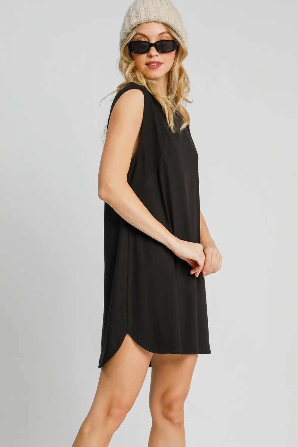 Umgee Round Neck Sleeveless High-Low Curved Hemline Mini Dress-Very Besty