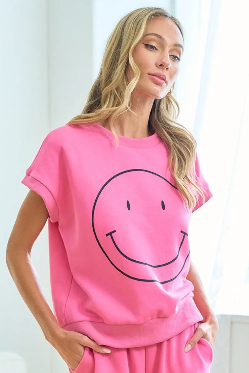First Love Smile Face Drop Shoulder Brushed Inside T-Shirt-Very Besty
