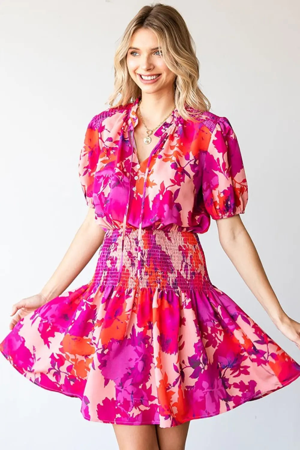 First Love Floral Short Sleeve Smocked Mini Dress-Very Besty