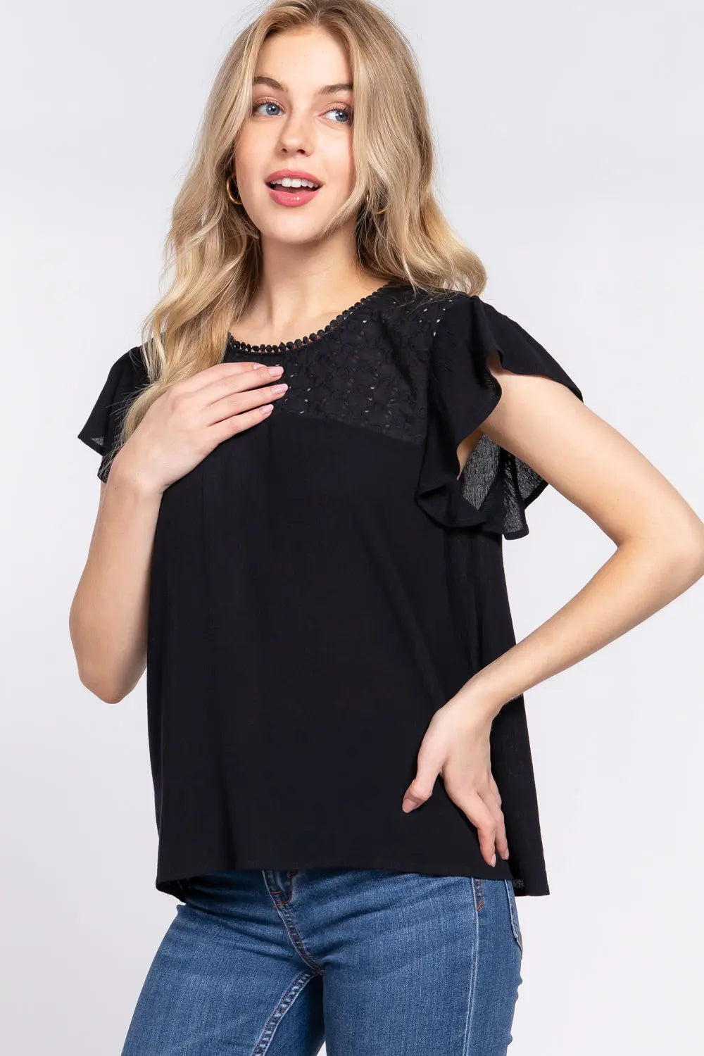 ACTIVE BASIC Ruffle Short Sleeve Crochet Blouse-Very Besty
