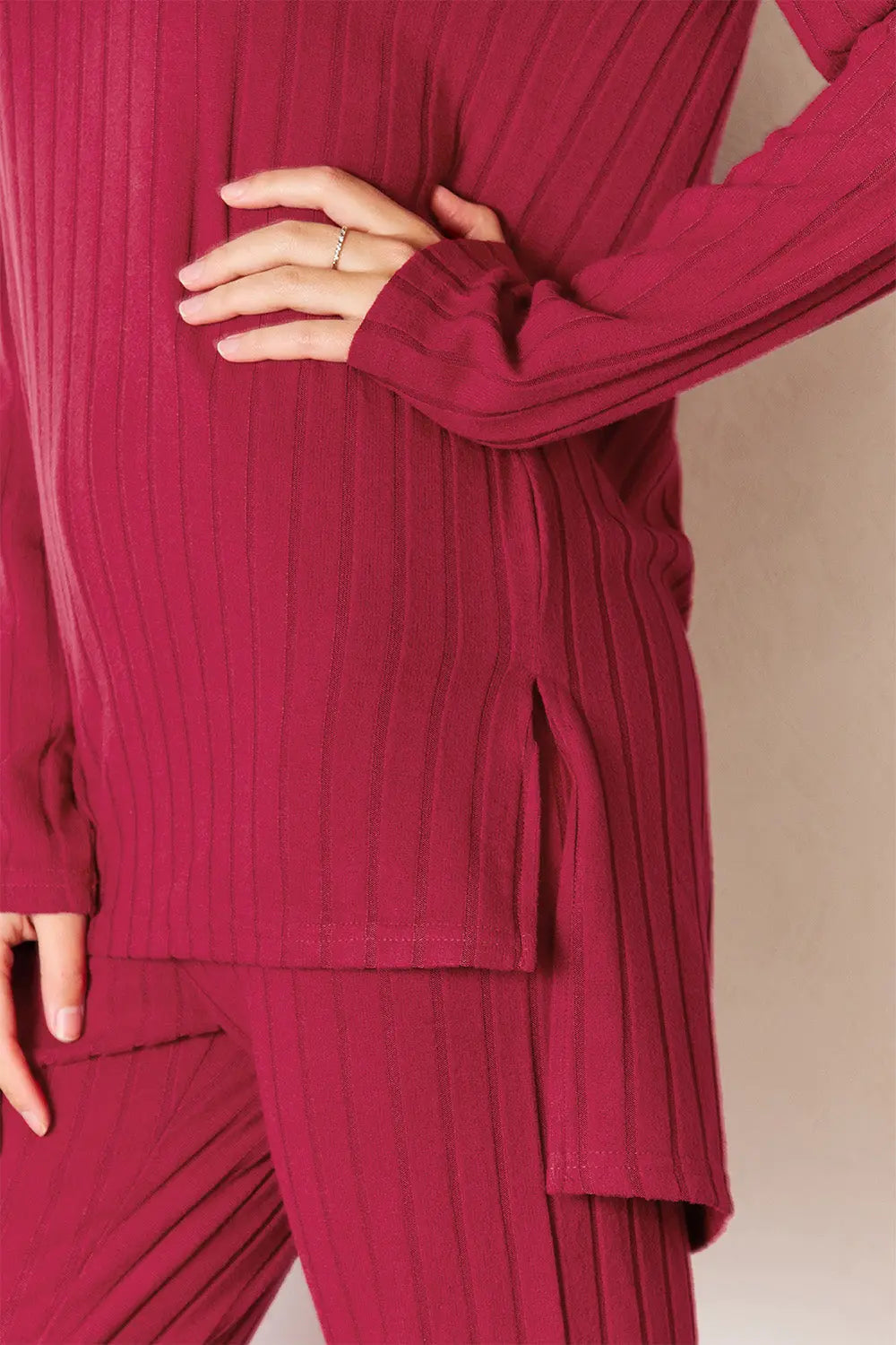 Basic Bae Full Size Ribbed Round Neck High-Low Slit Top and Pants Set-Very Besty