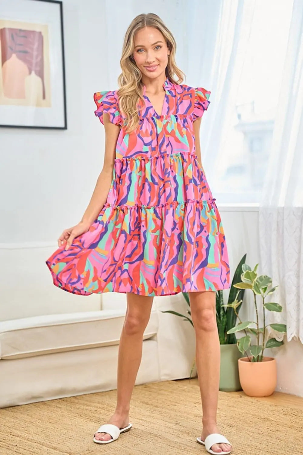 First Love Full Size Printed Ruffle Cap Sleeve Tiered Dress-Very Besty