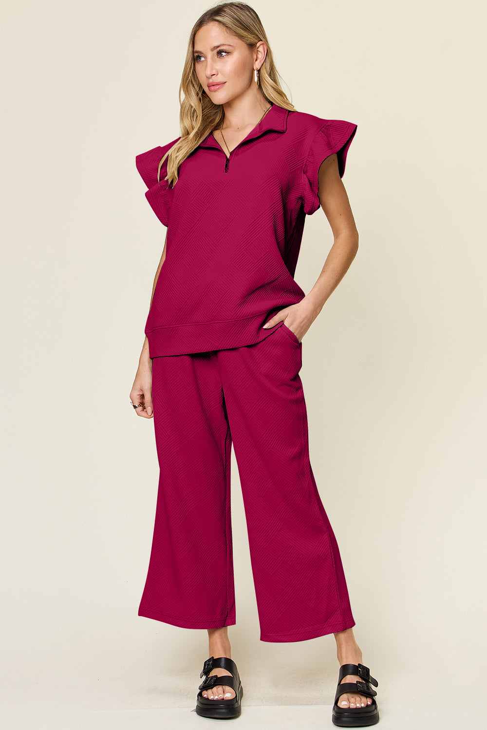 Double Take Texture Ruffle Short Sleeve Top and Drawstring Wide Leg Pants Set-Very Besty