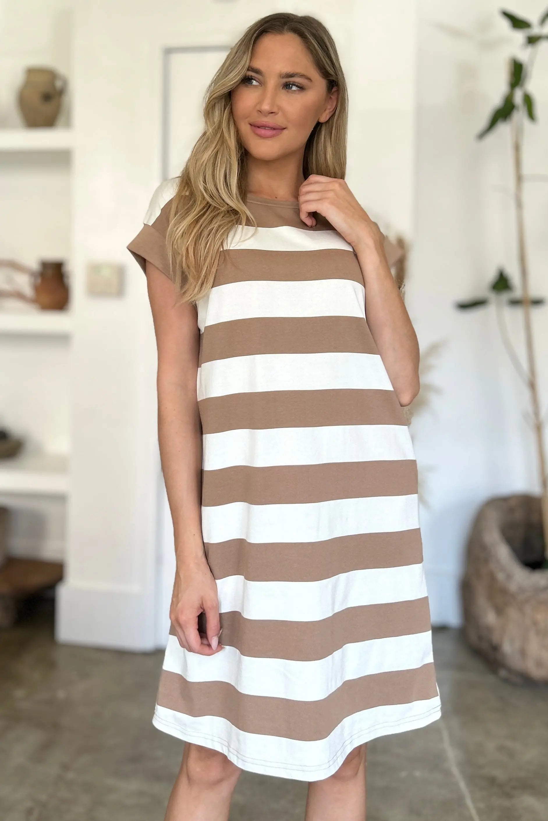 Basic Bae Full Size Striped Round Neck Cap Sleeve Mini Dress-Very Besty