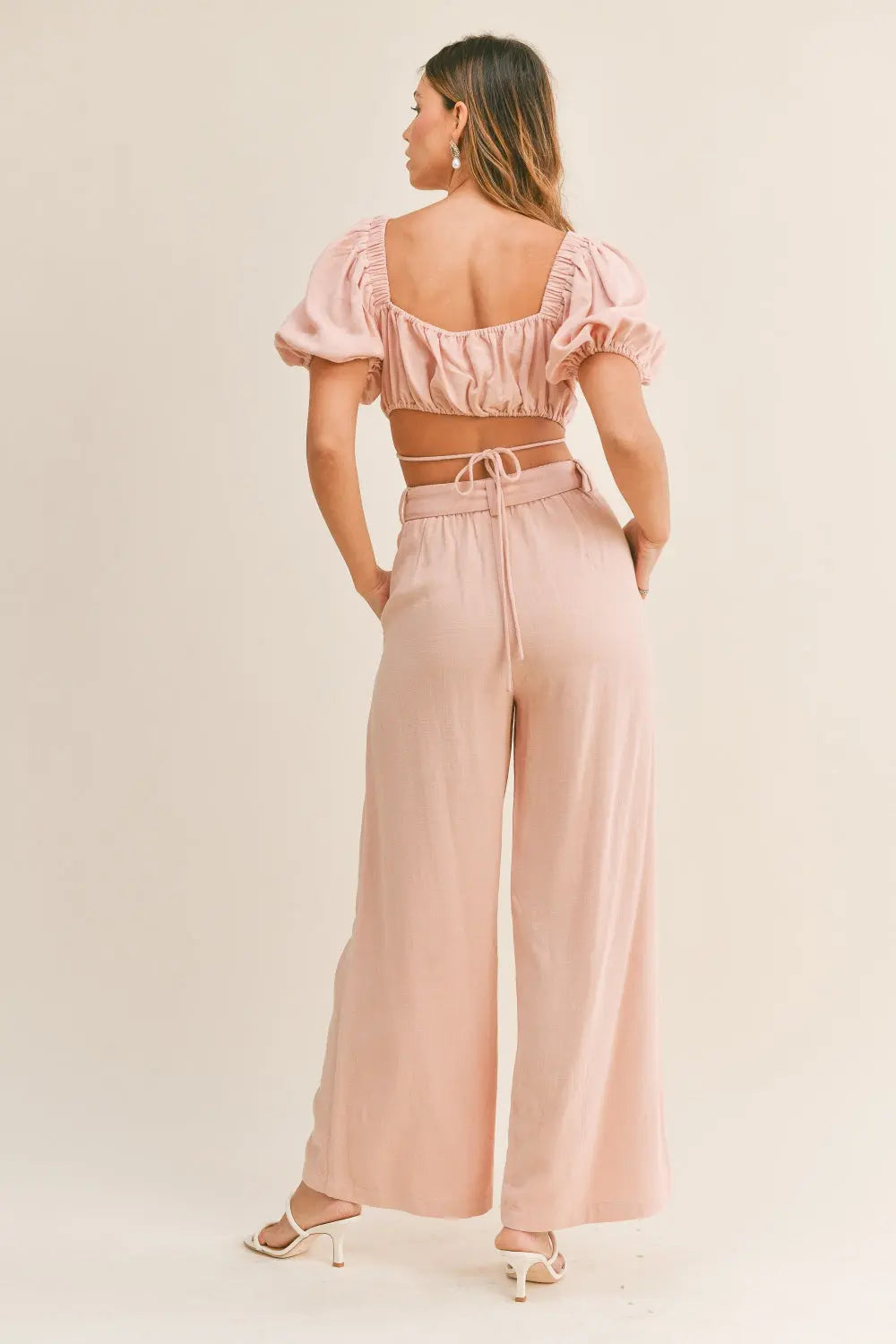 MABLE Cut Out Drawstring Crop Top and Belted Pants Set-Very Besty