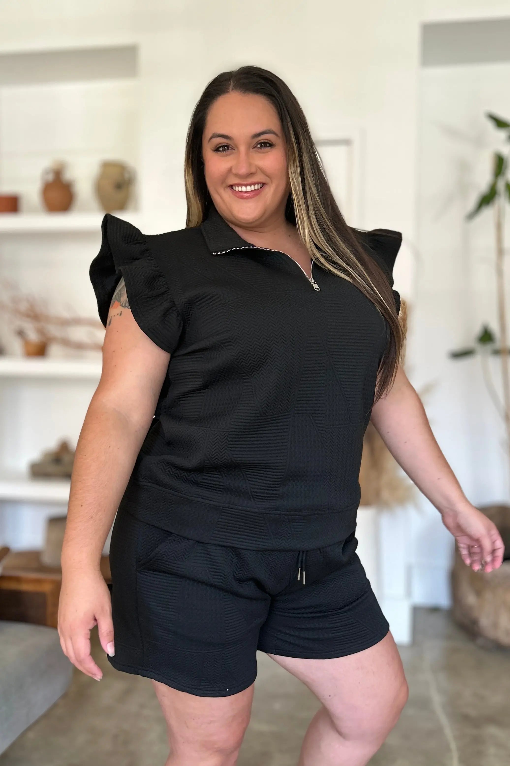 Double Take Full Size Texture Flounce Sleeve Top and Shorts Set-Very Besty