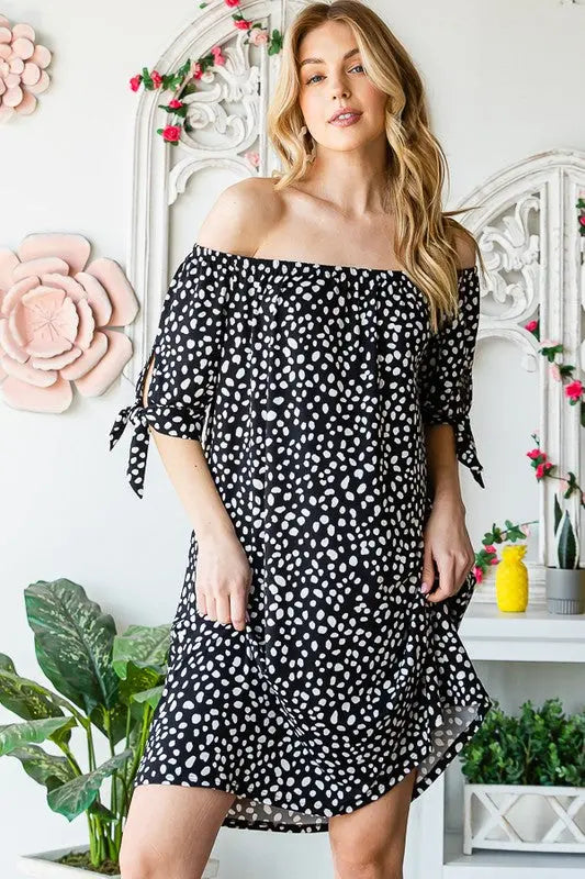 Heimish Full Size Short Sleeve Off Shoulder Animal Mini Dress Plus Size-Very Besty