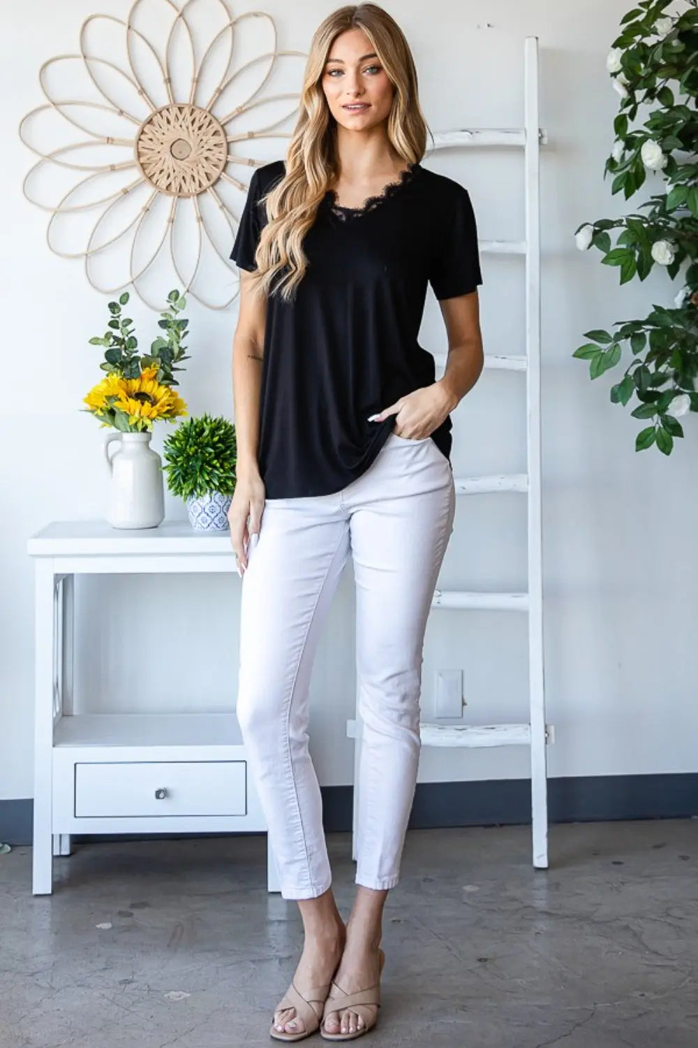 Heimish Lace Detail V-Neck Short Sleeve T-Shirt-Very Besty