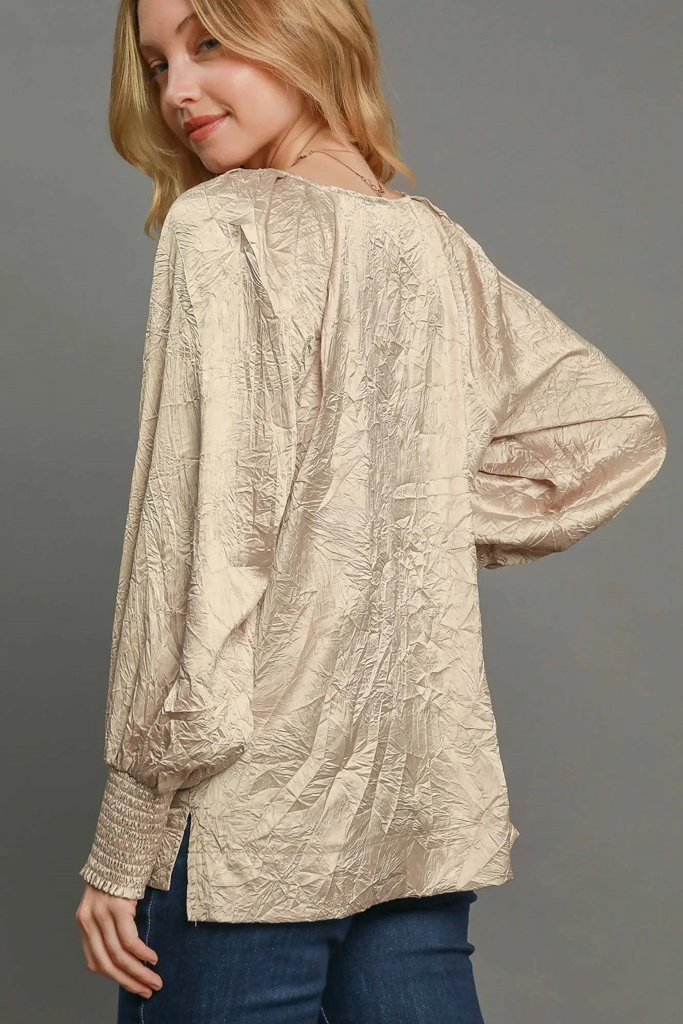 Umgee Wrinkled Round Neck Lantern Sleeve Blouse-Very Besty
