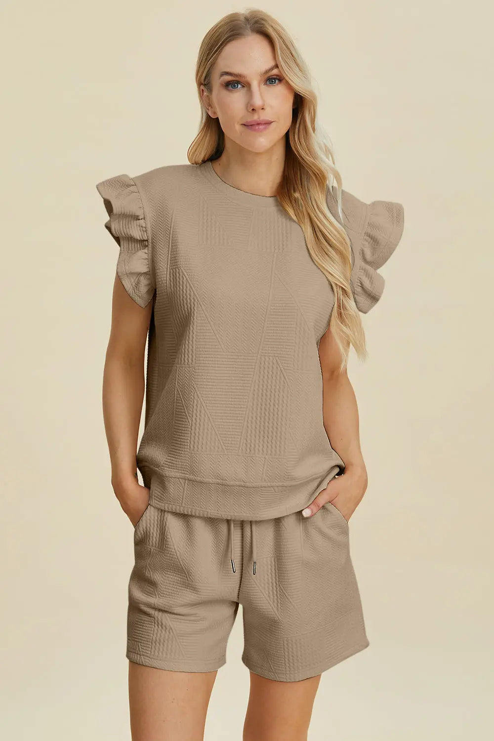 Double Take Full Size Texture Round Neck Ruffle Sleeve Top and Shorts Set-Very Besty