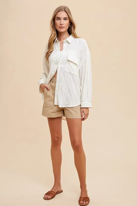 Annie Wear Openwork Button Down Drop Shoulder Shirt-Very Besty