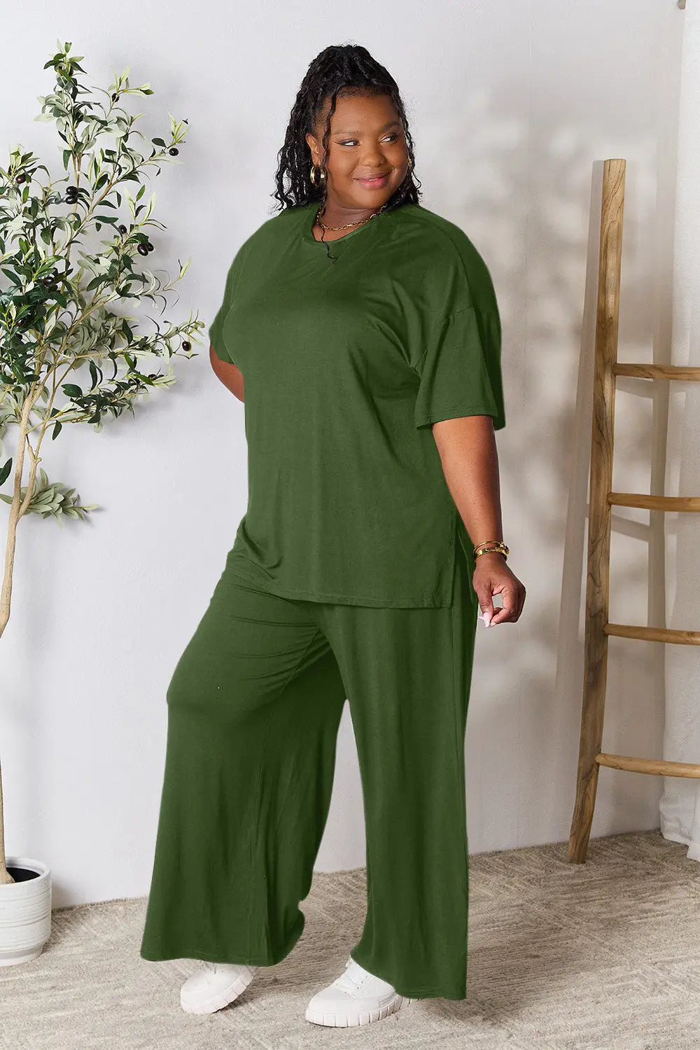 Double Take Full Size Round Neck Slit Top and Pants Set-Very Besty