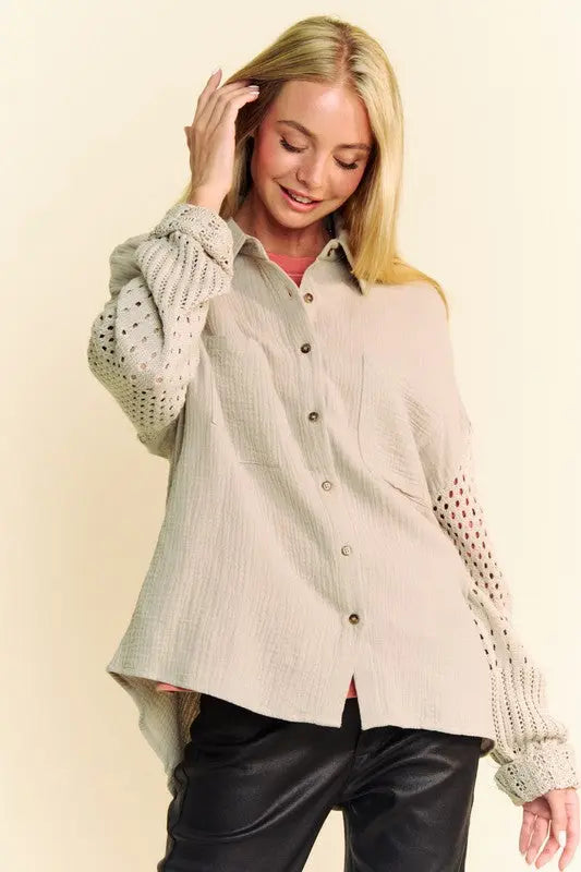 Davi & Dani Crochet Sleeve Crinkled Texture Shirt-Very Besty