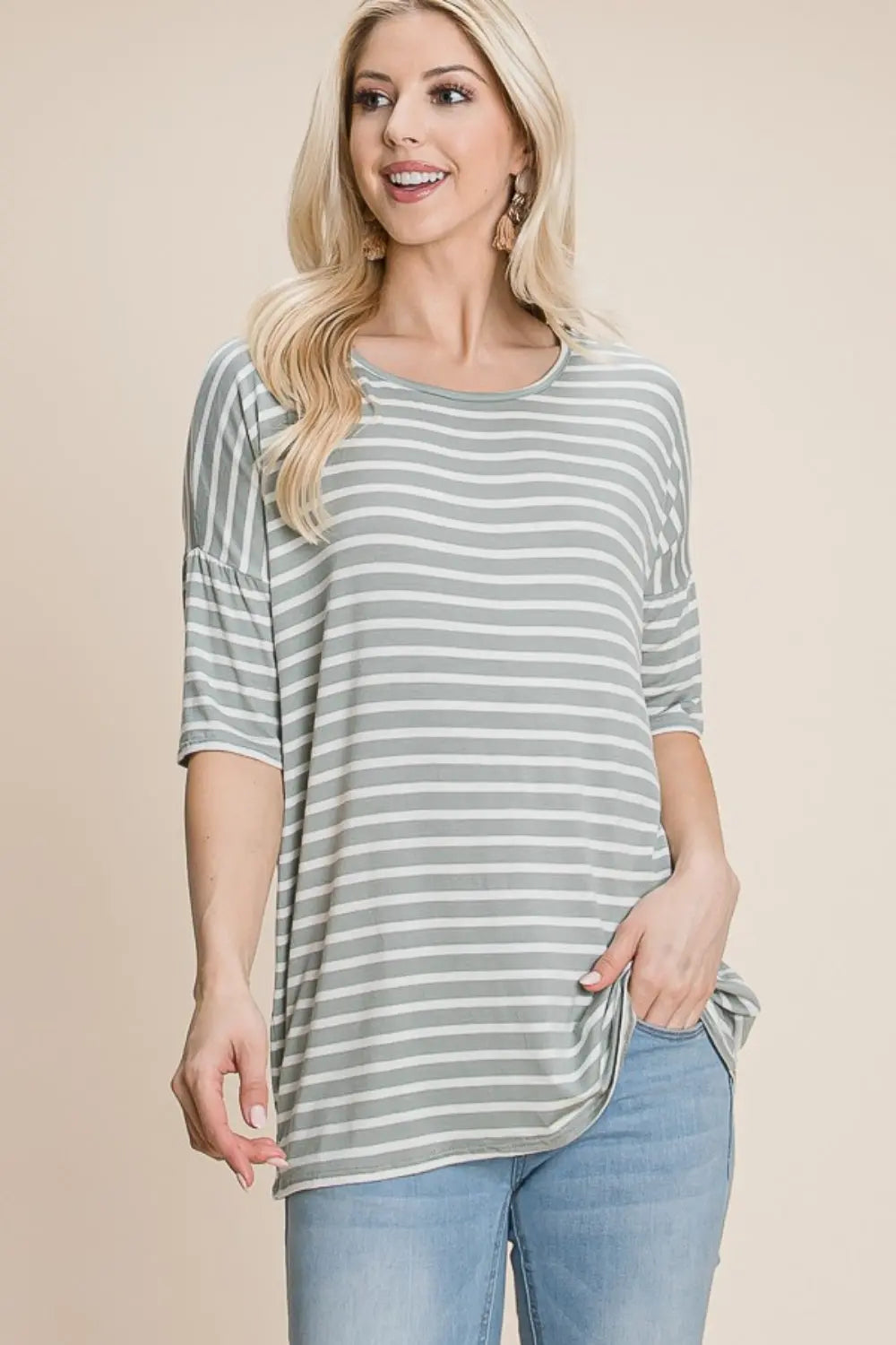 BOMBOM Striped Round Neck T-Shirt-Very Besty