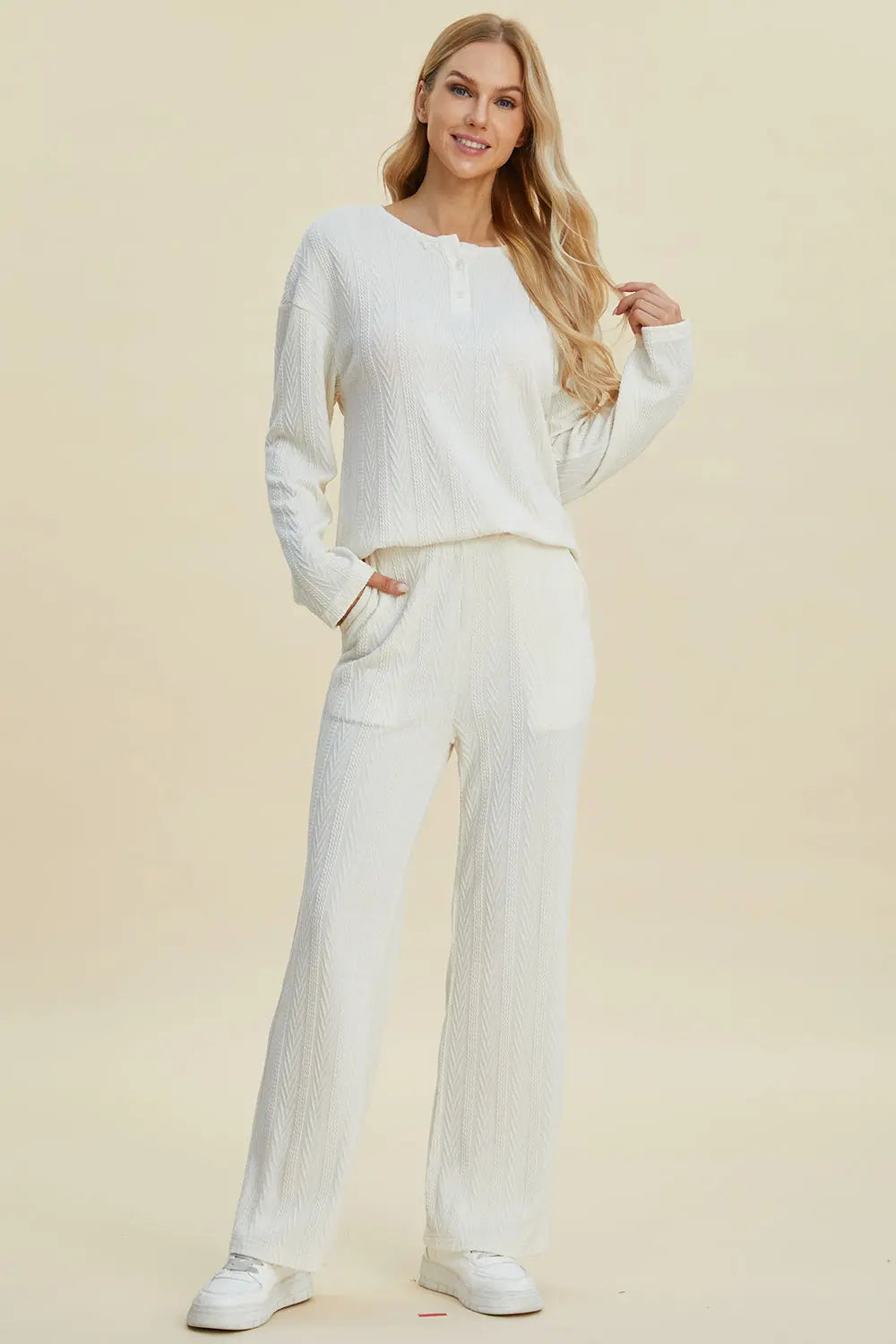 Double Take Full Size Cable-Knit Long Sleeve Top and Pants Set-Very Besty