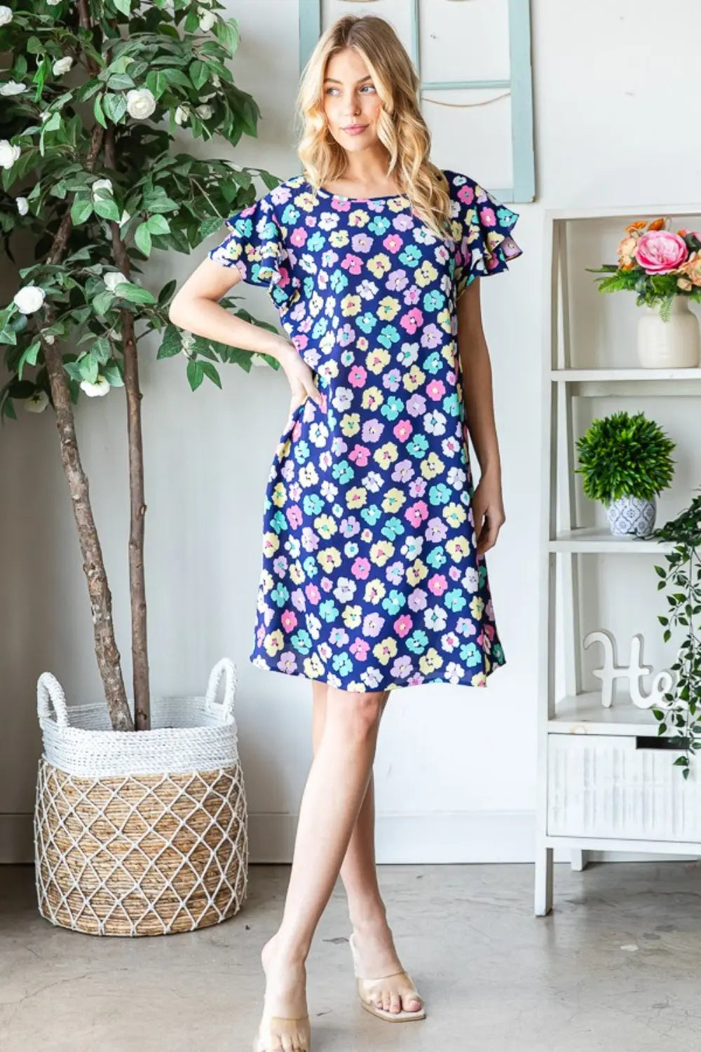 Heimish Full Size Floral Ruffled Short Sleeve Dress with Pockets-Very Besty