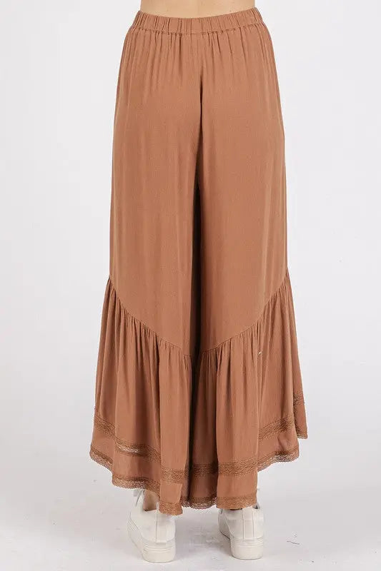 Mittoshop Lace Ruffle Asymmetric Hem Wide Leg Pants-Very Besty