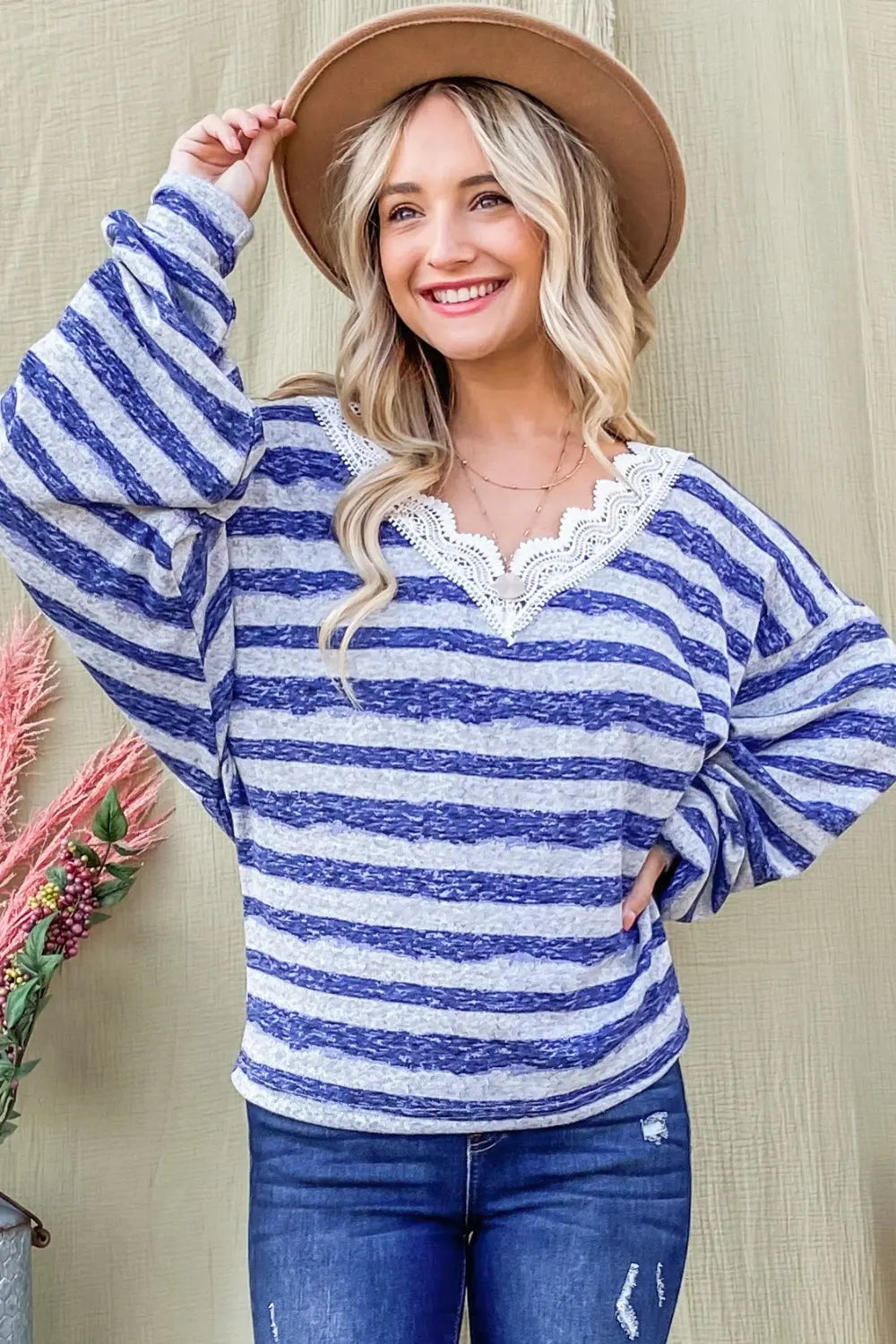 And The Why Striped Lace Detail V Neck Top-Very Besty