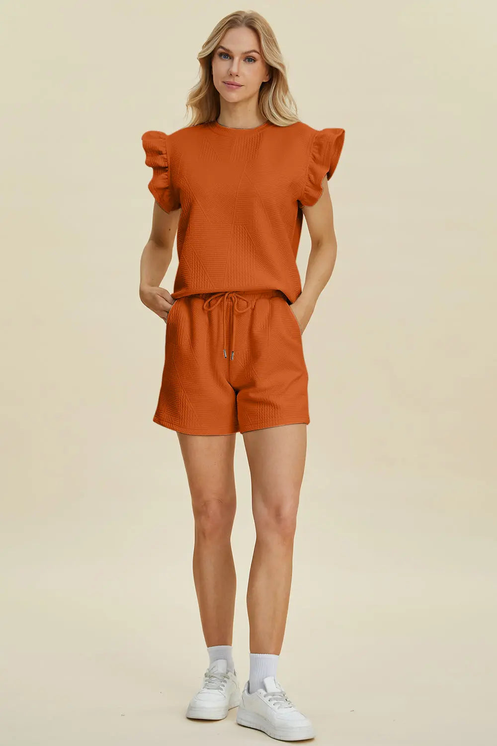 Double Take Full Size Texture Round Neck Ruffle Sleeve Top and Shorts Set-Very Besty