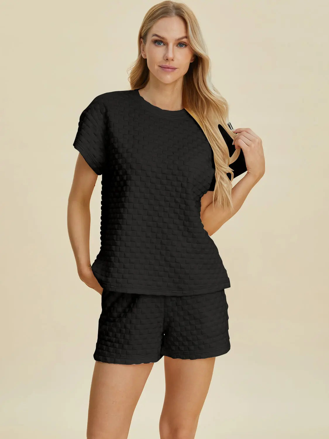 Double Take Full Size Texture T-Shirt and Shorts Set-Very Besty