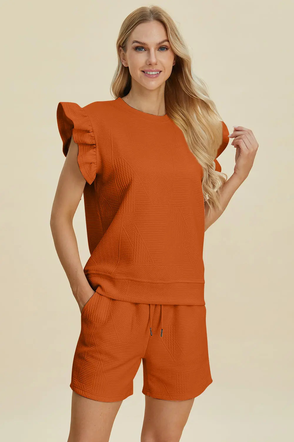 Double Take Full Size Texture Round Neck Ruffle Sleeve Top and Shorts Set-Very Besty