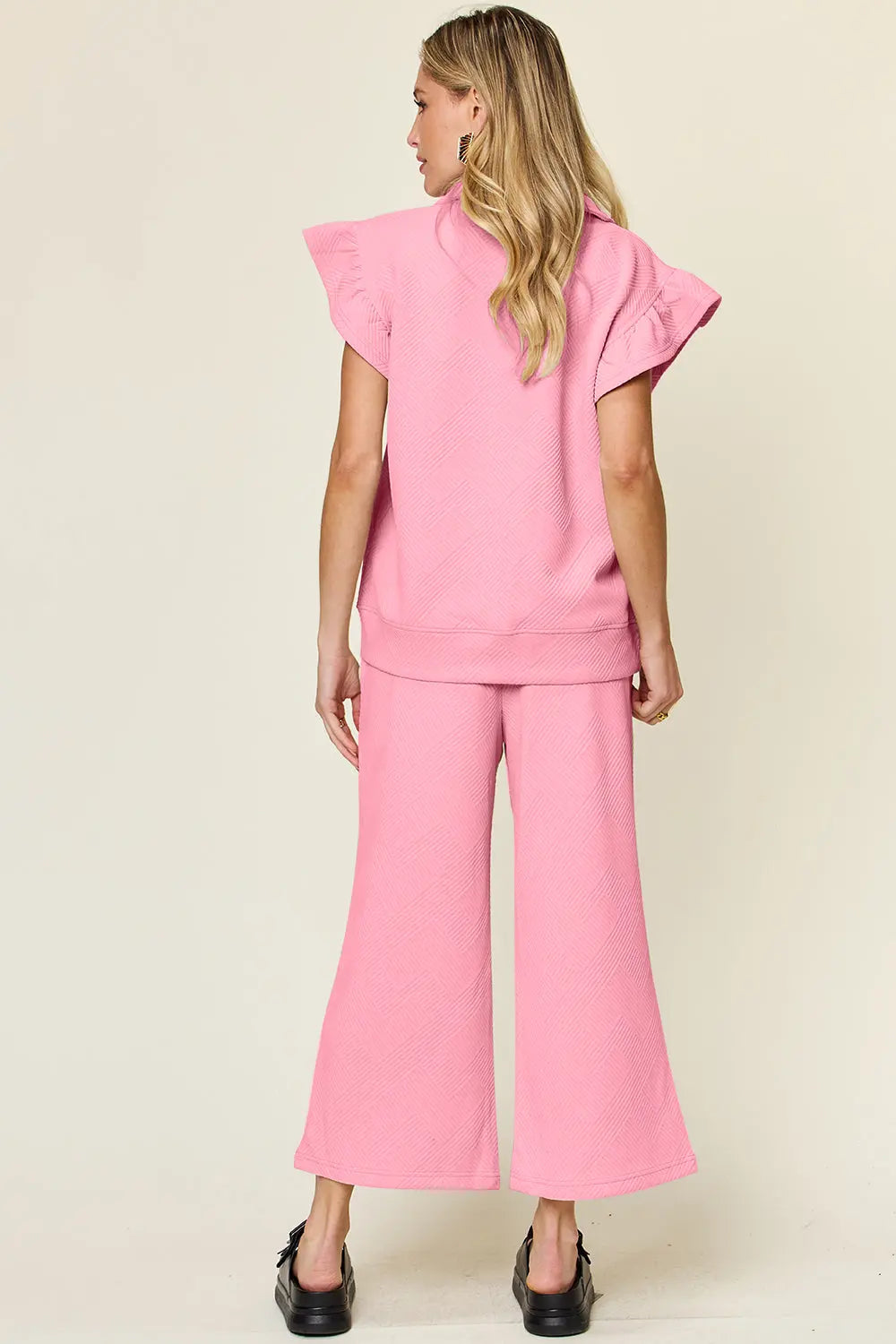Double Take Texture Ruffle Short Sleeve Top and Drawstring Wide Leg Pants Set-Very Besty