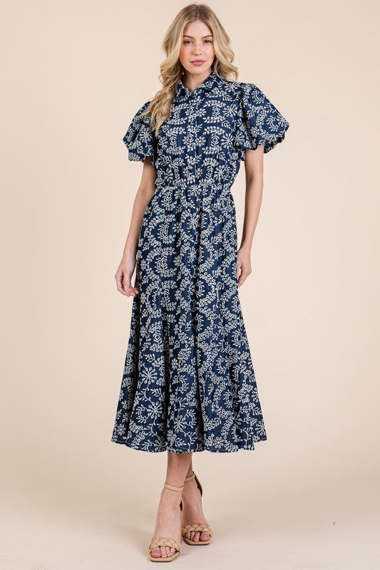 GeeGee Natural Leaf Pattern Eyelet Lace Puff Sleeve Dress-Very Besty