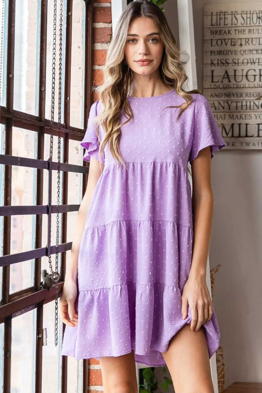 Heimish Full Size Swiss Dot Short Sleeve Tiered Dress-Very Besty