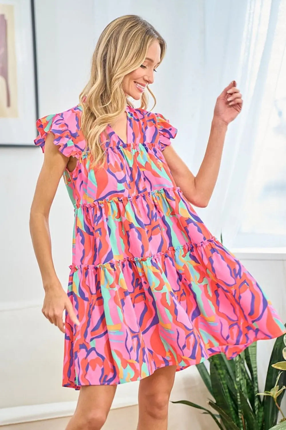 First Love Full Size Printed Ruffle Cap Sleeve Tiered Dress-Very Besty