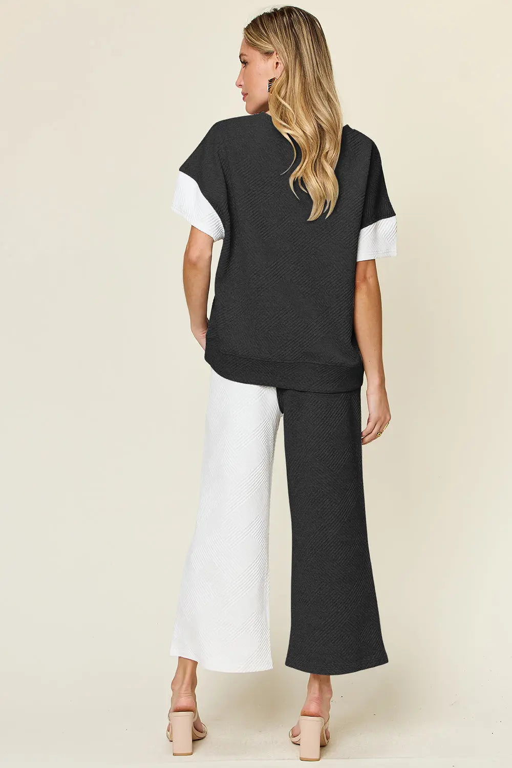 Double Take Full Size Texture Contrast T-Shirt and Wide Leg Pants Set-Very Besty