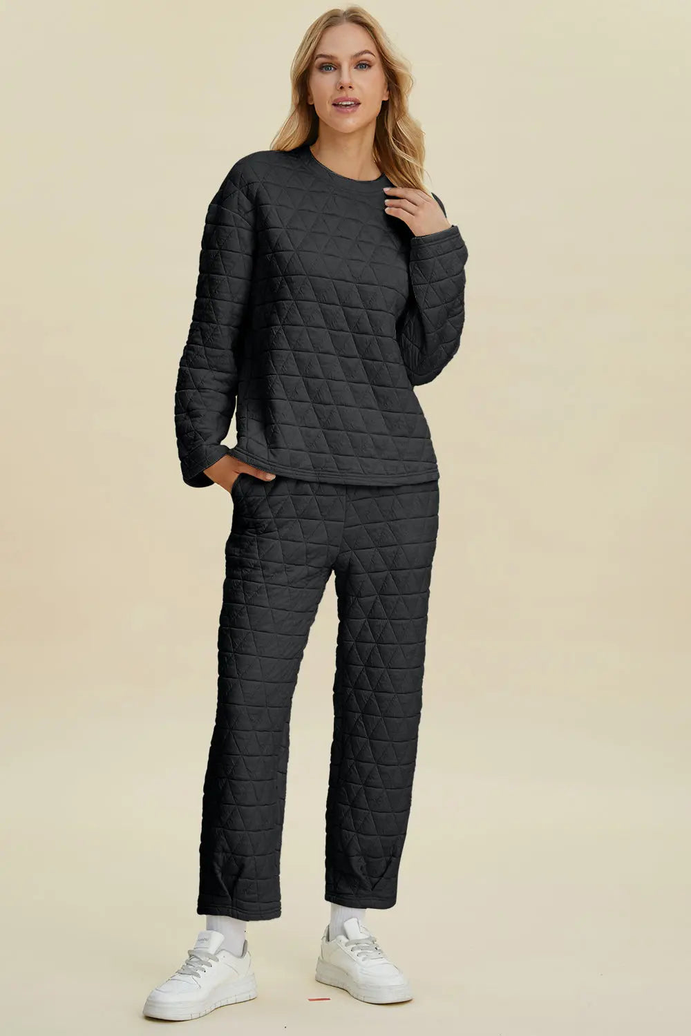 Double Take Full Size Texture Round Neck Long Sleeve Top and Pants Set-Very Besty