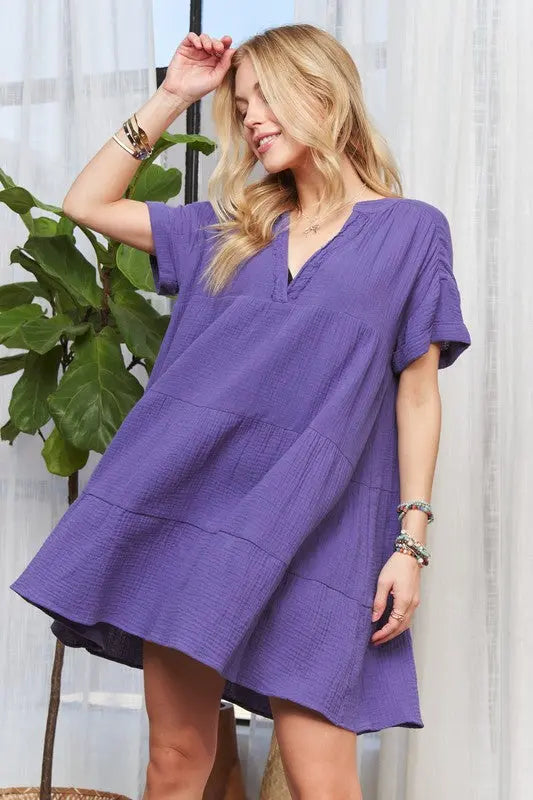 ADORA Tiered Notched Short Sleeve Dress-Very Besty
