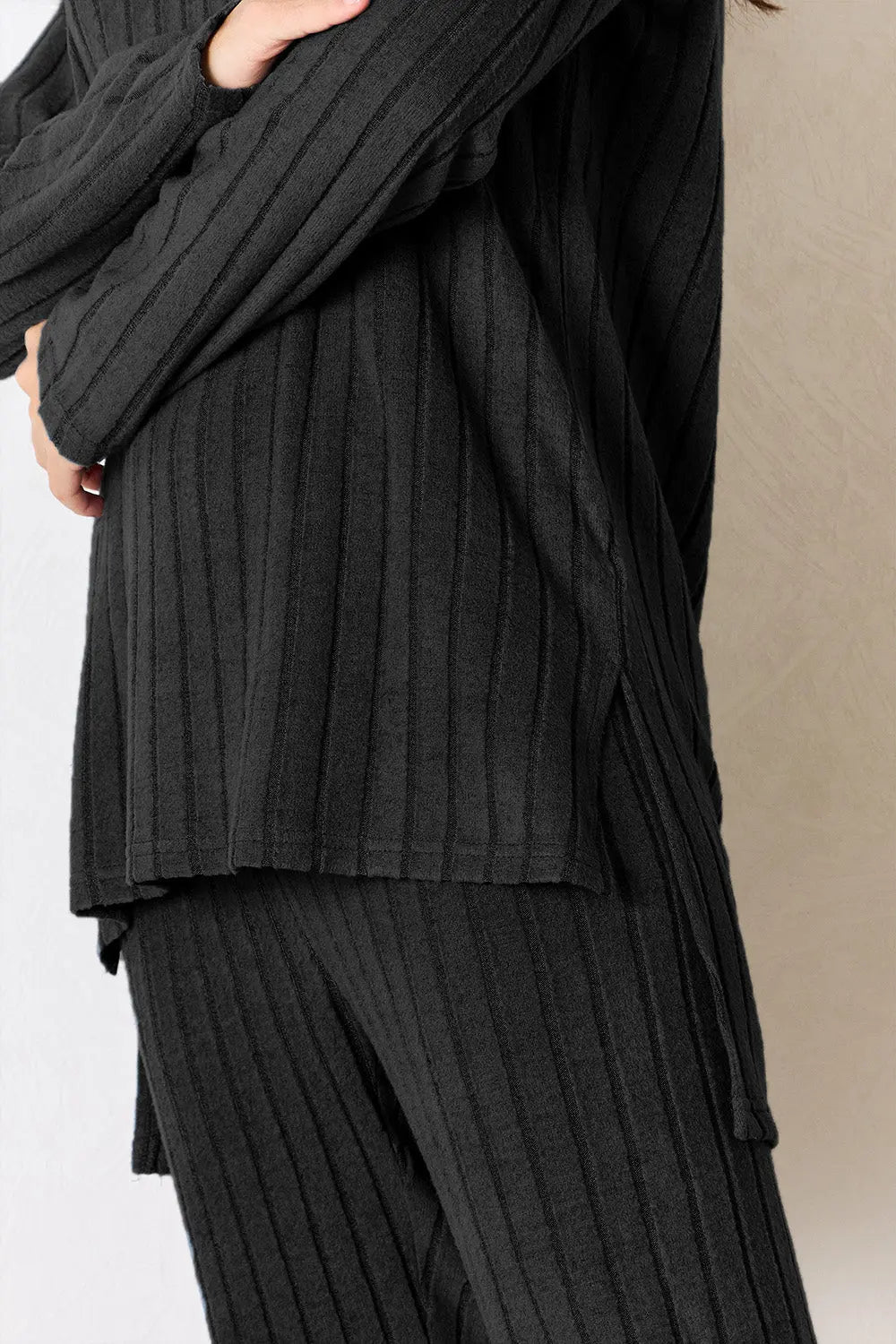 Basic Bae Full Size Ribbed Round Neck High-Low Slit Top and Pants Set-Very Besty