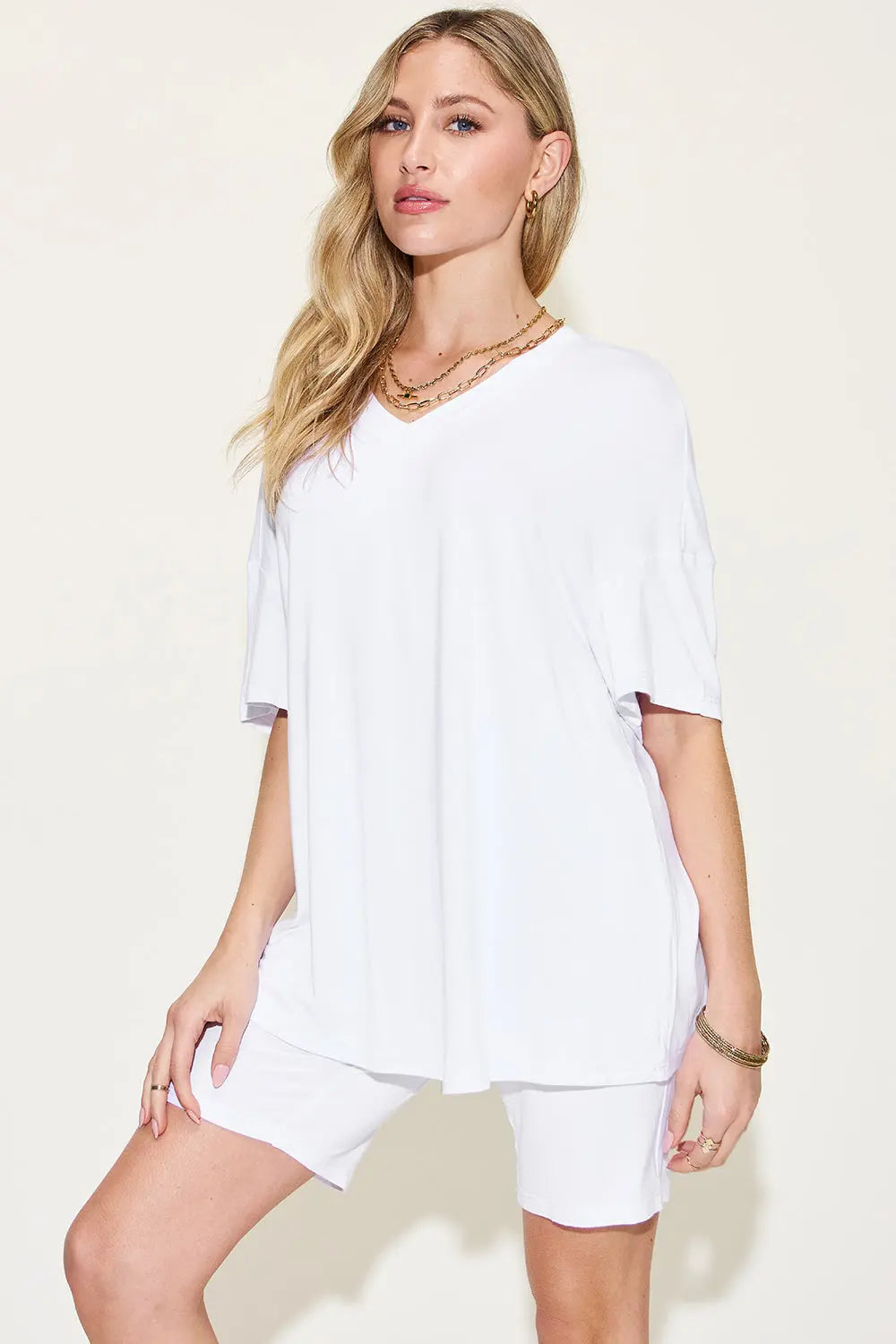 Basic Bae Full Size V-Neck Drop Shoulder T-Shirt and Shorts Set-Very Besty