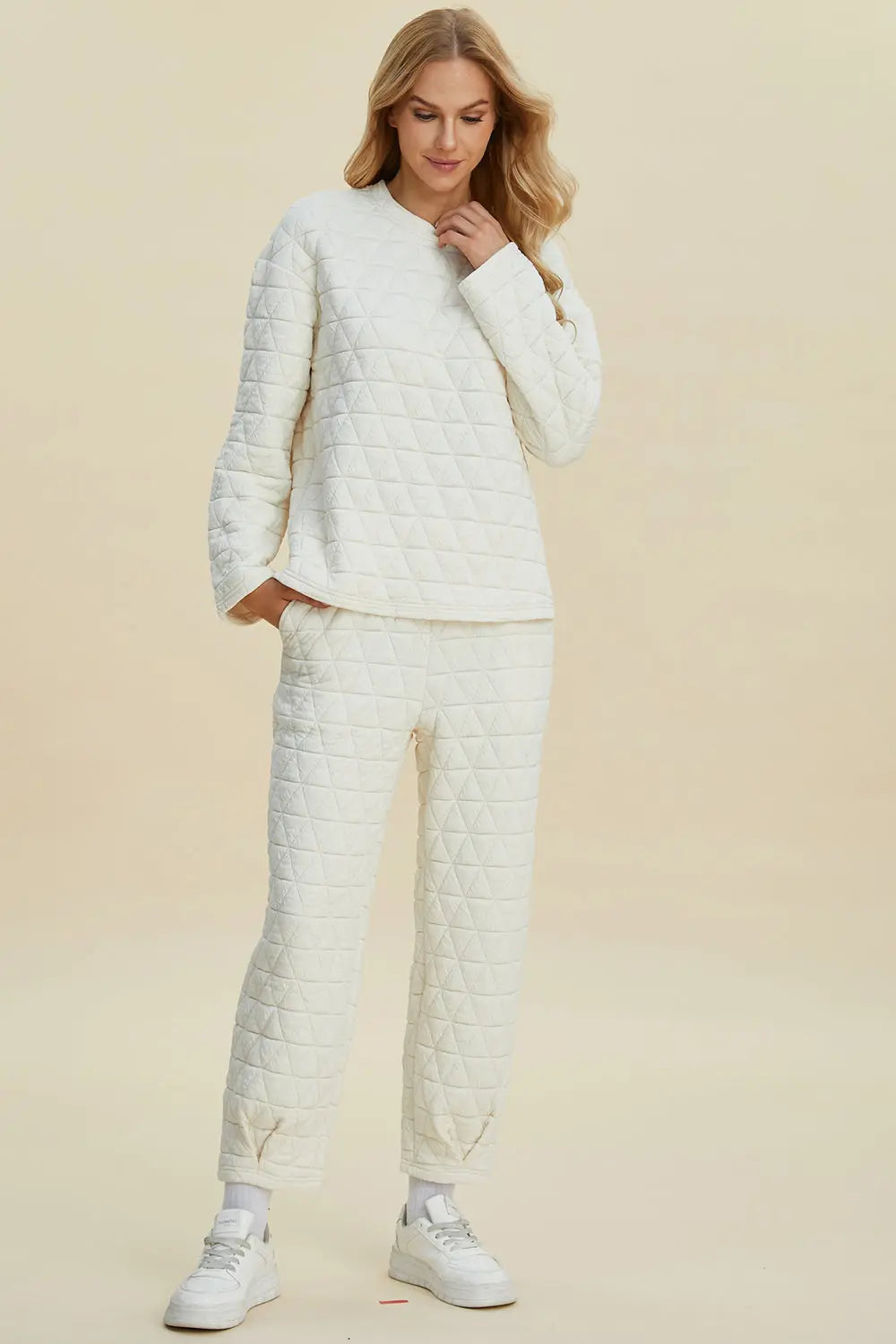 Double Take Full Size Texture Round Neck Long Sleeve Top and Pants Set-Very Besty
