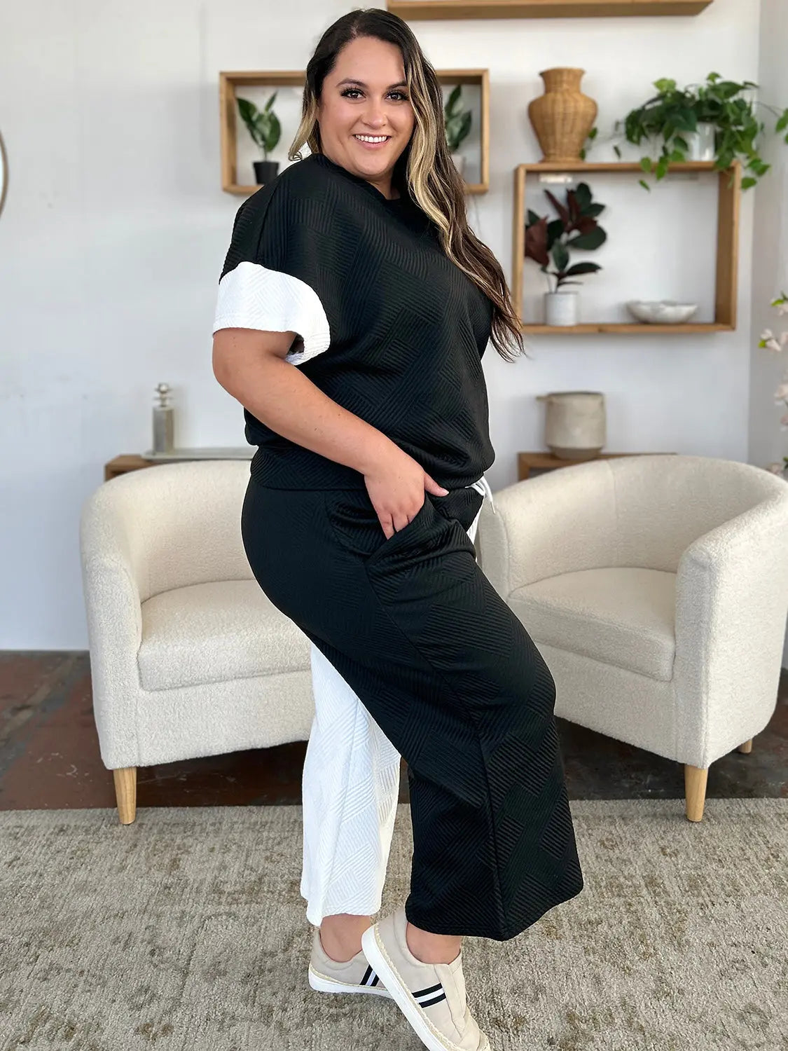 Double Take Full Size Texture Contrast T-Shirt and Wide Leg Pants Set-Very Besty
