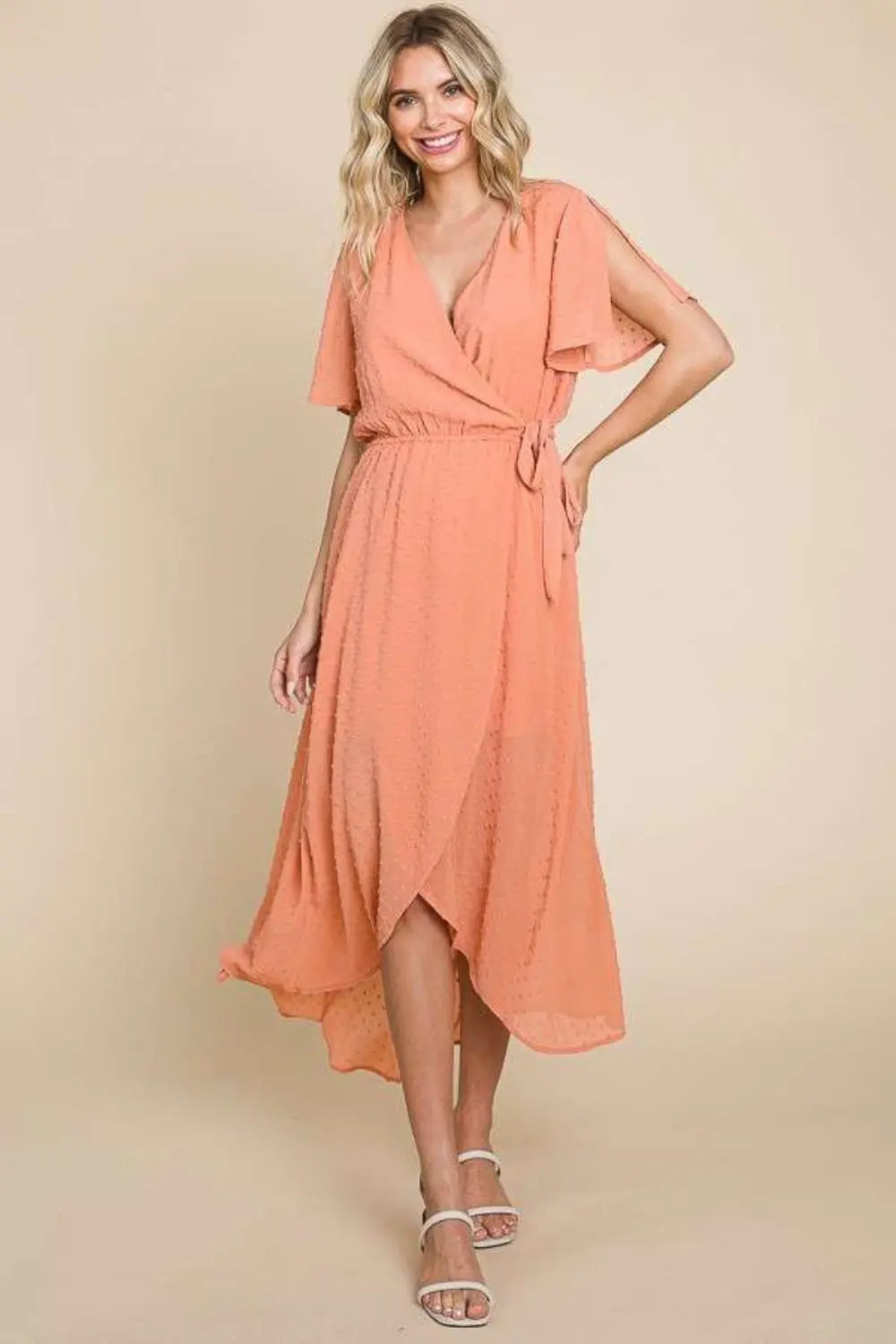 Culture Code Full Size Swiss Dot Tied Slit Short Sleeve Dress-Very Besty