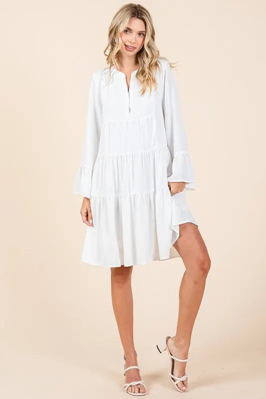 Mittoshop Tiered Notched Flare Sleeve Dress-Very Besty