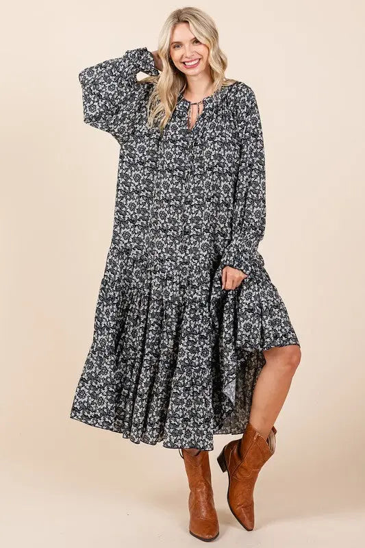 Mittoshop Printed Tie Neck Flounce Sleeve Midi Dress-Very Besty