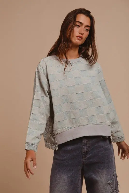 BiBi Mineral Washed Checkered Round Neck Denim Top-Very Besty