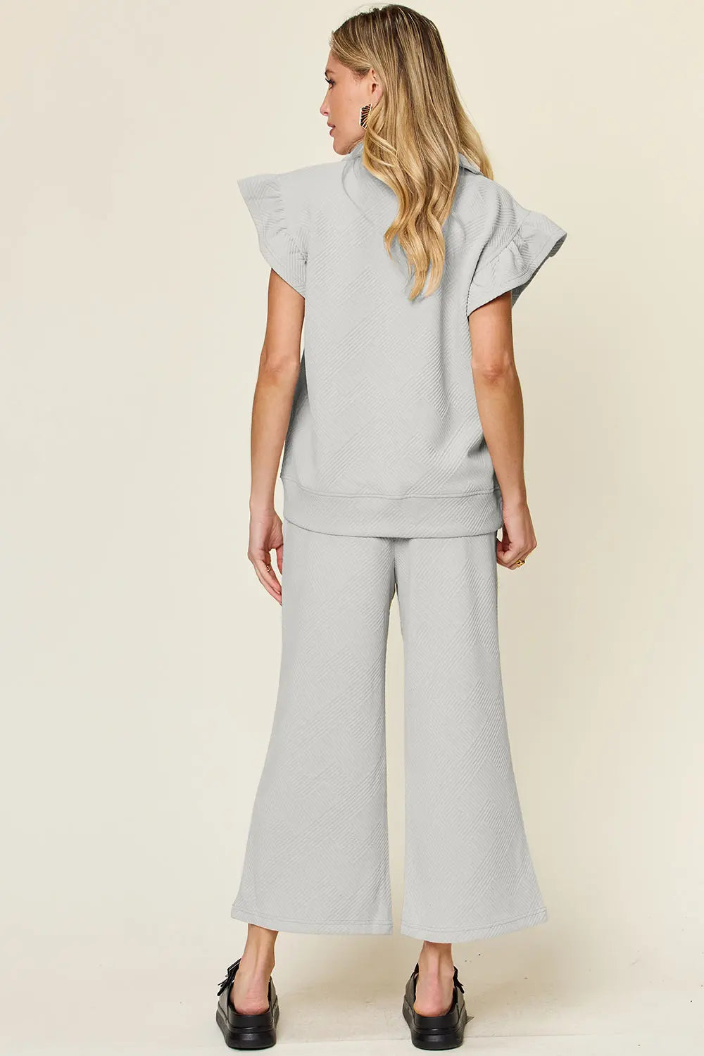Double Take Texture Ruffle Short Sleeve Top and Drawstring Wide Leg Pants Set-Very Besty