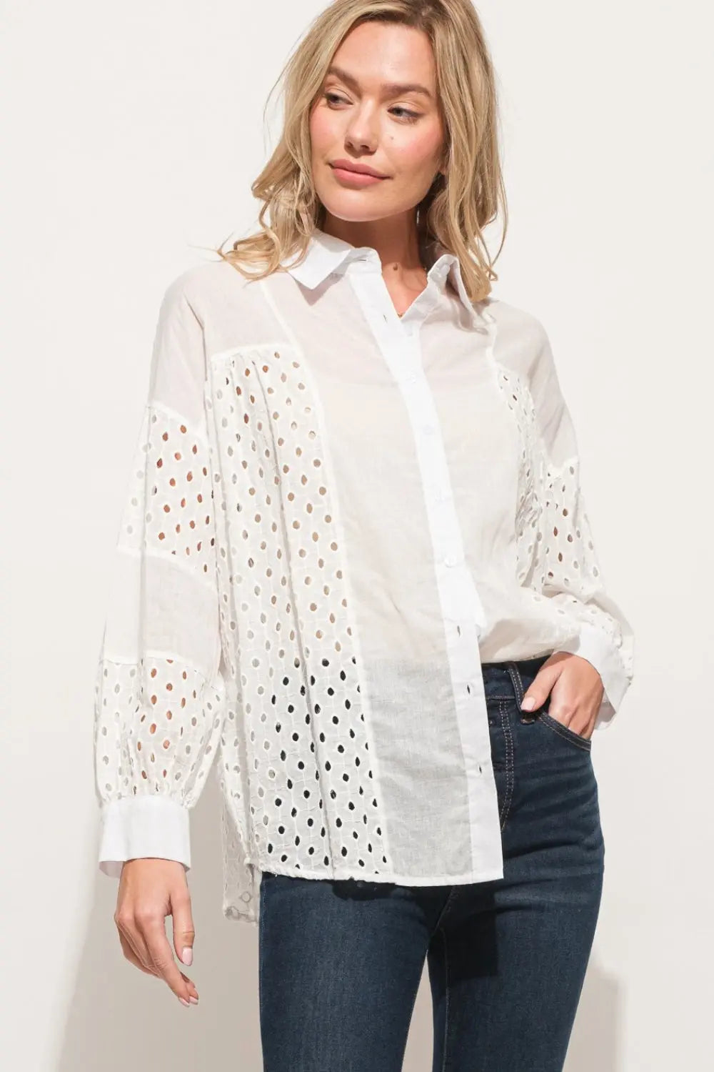 And The Why Eyelet Long Sleeve Button Down Shirt-Very Besty