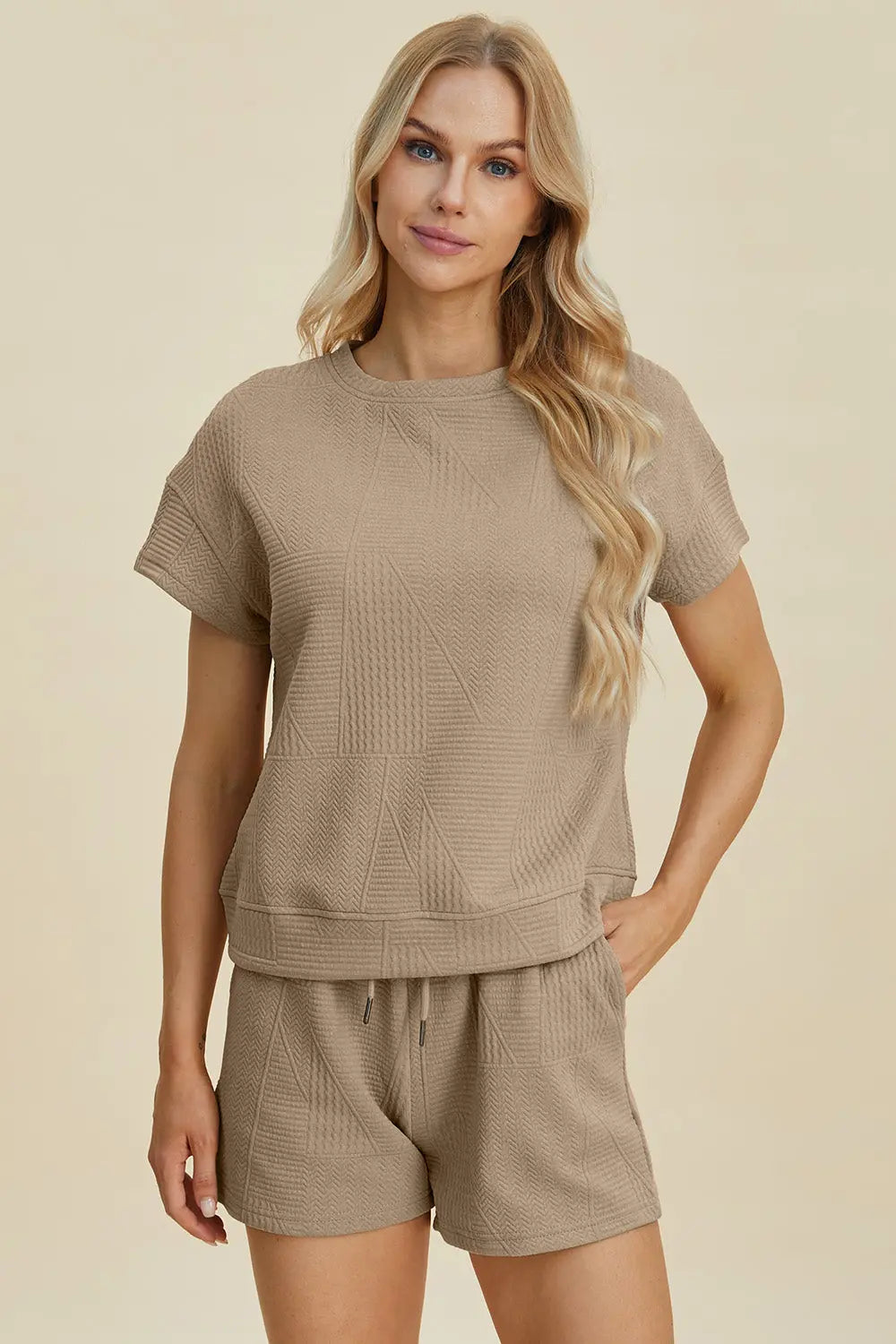 Double Take Full Size Texture Short Sleeve Top and Shorts Set-Very Besty