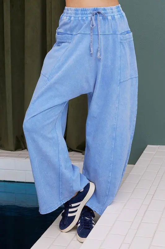 Mittoshop Mineral Wash Elastic Waist Baarrel Leg Baggy Pants-Very Besty