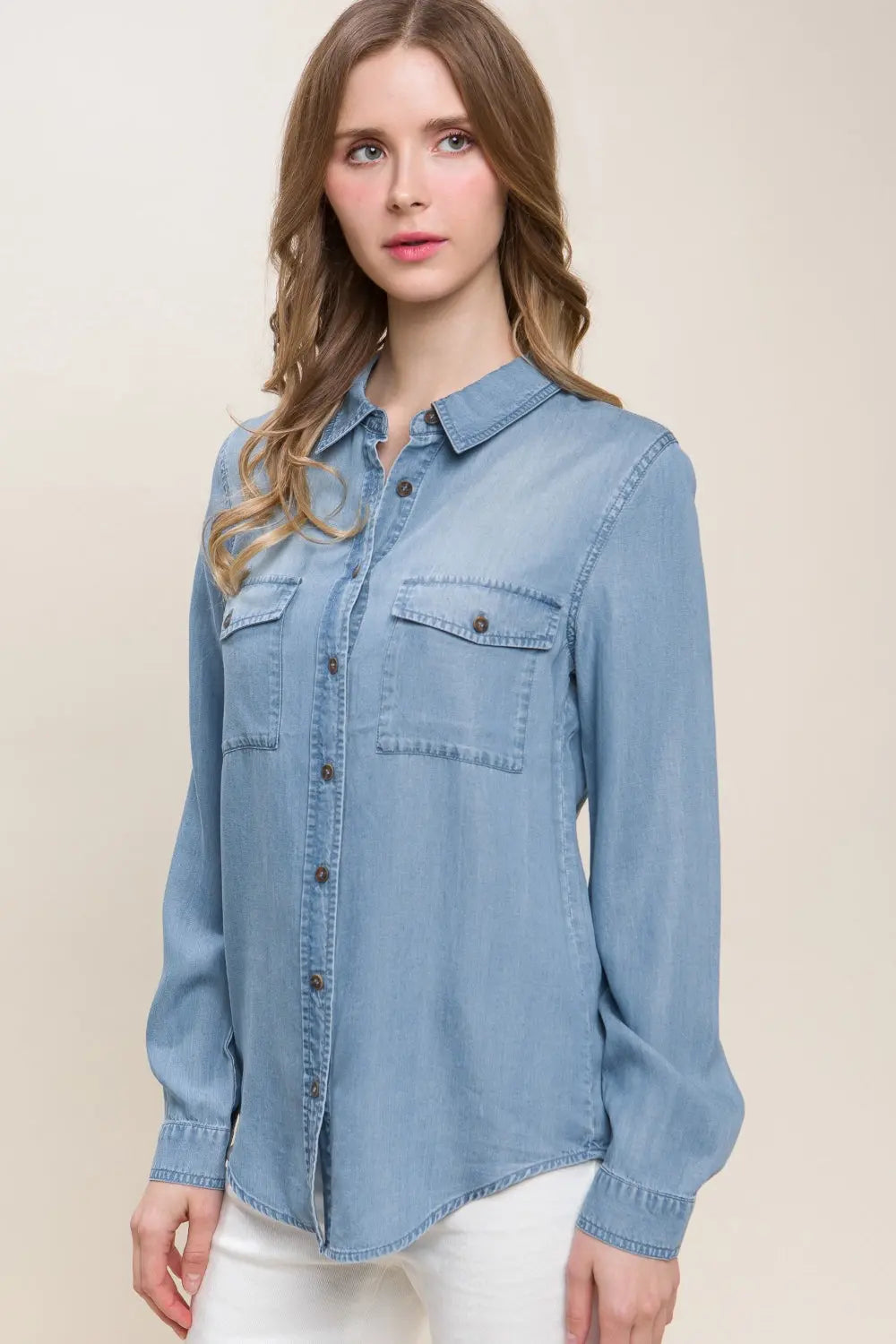 Love Tree Scooped Hem Button Up Denim Shirt-Very Besty
