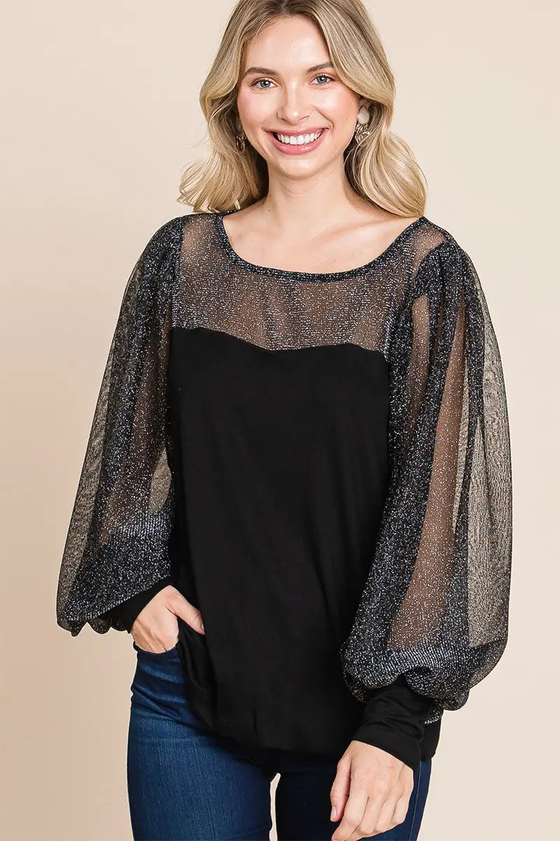 Super Lady Full Size Metallic Mesh Lantern Sleeve Blouse-Very Besty