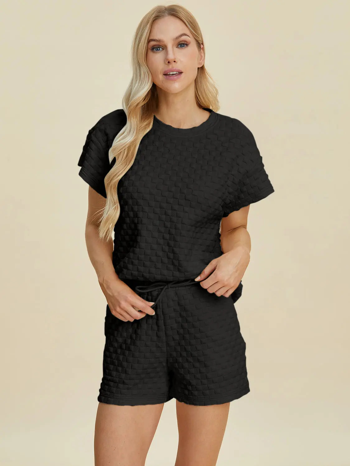 Double Take Full Size Texture T-Shirt and Shorts Set-Very Besty