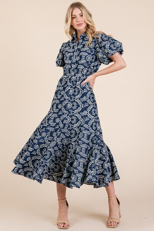 GeeGee Natural Leaf Pattern Eyelet Lace Puff Sleeve Dress-Very Besty